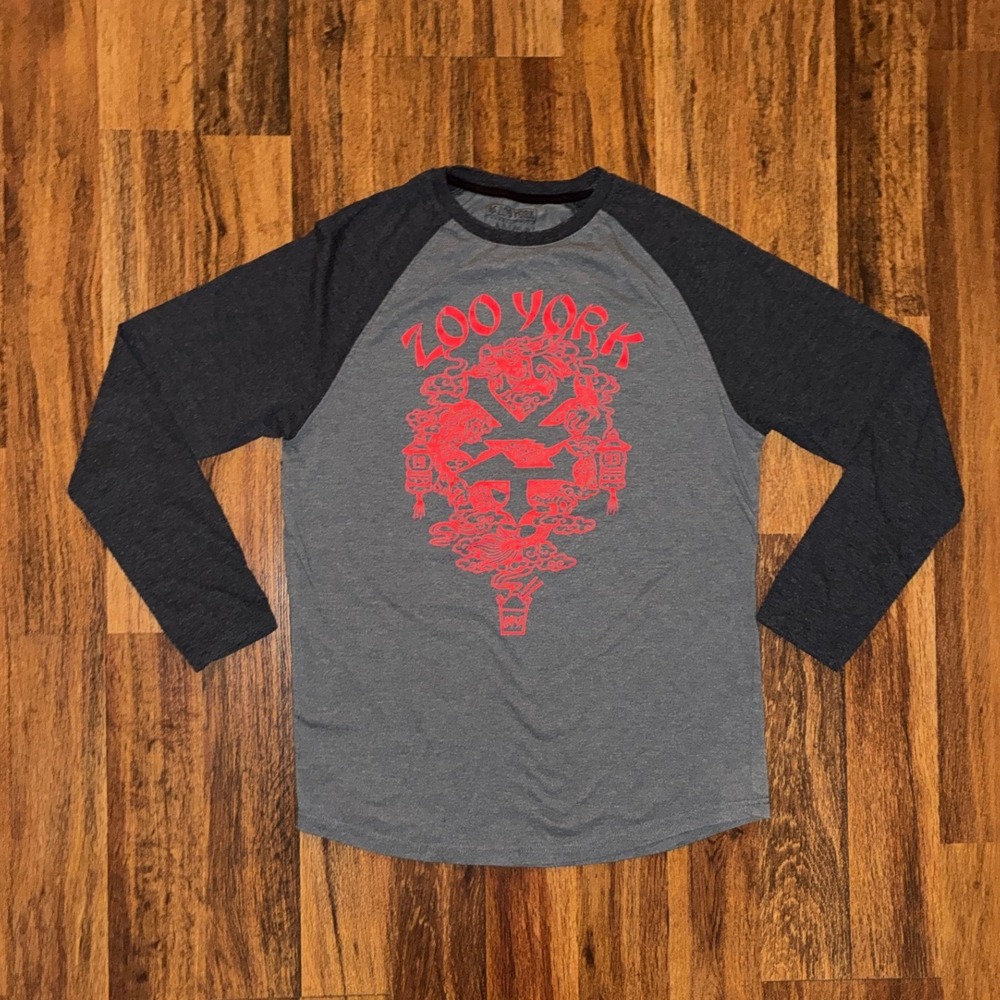 Zoo York Mens Raglan Baseball Graphic Tee Gray Charcoal Red Long Sleeve Shirt L